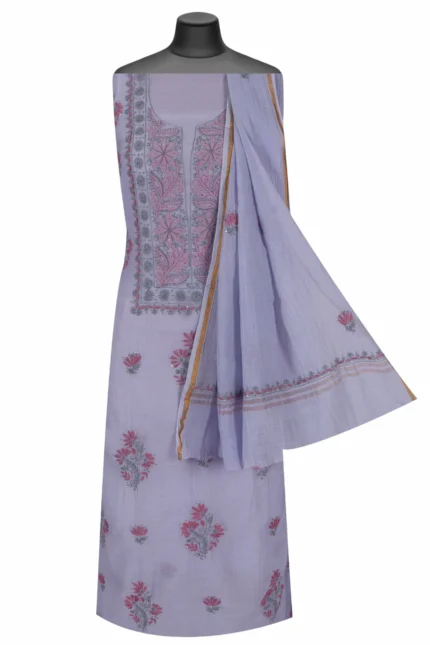Srajann Hand Embroided Grey Maheshwari Lucknowi Chikankari Unstitched Kurta Dupatta Set