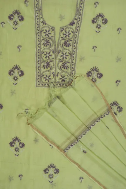 Srajann Hand Embroidered Green Chanderi Gown Lucknow Chikankari Unstitched Kurta With Dupatta