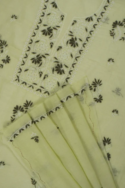 Srajann Hand Embroidered Green Chanderi Gown Lucknow Chikankari Unstitched Kurta With Dupatta