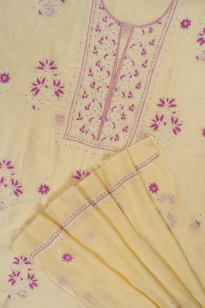 Srajann Hand Embroidered Cream Chanderi Gown Lucknow Chikankari Unstitched Kurta With Dupatta