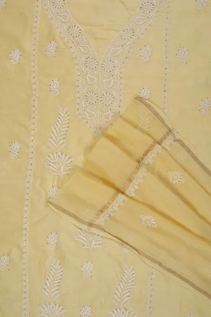 Srajann Hand Embroidered Beige Color Chanderi Gown Lucknow Chikankari Unstitched Kurta With Dupatta
