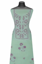 Srajann Hand Embroidered Green Chanderi Lucknow Chikankari Unstitched Kurta With Dupatta(SLC1298) - Image 3