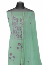 Srajann Hand Embroidered Green Chanderi Lucknow Chikankari Unstitched Kurta With Dupatta(SLC1298) - Image 2