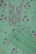 Srajann Hand Embroidered Green Chanderi Lucknow Chikankari Unstitched Kurta With Dupatta