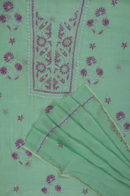 Srajann Hand Embroidered Green Chanderi Lucknow Chikankari Unstitched Kurta With Dupatta