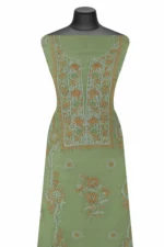 Srajann Hand Embroidered Green Chanderi Lucknow Chikankari Unstitched Kurta With Dupatta(SLC1300) - Image 3