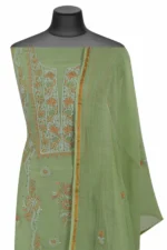 Srajann Hand Embroidered Green Chanderi Lucknow Chikankari Unstitched Kurta With Dupatta(SLC1300) - Image 4