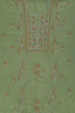 Srajann Hand Embroidered Green Chanderi Lucknow Chikankari Unstitched Kurta With Dupatta(SLC1300) - Image 7