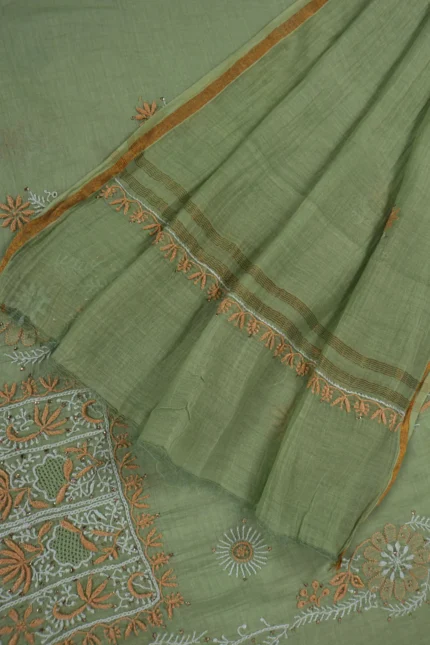 Srajann Hand Embroidered Green Chanderi Lucknow Chikankari Unstitched Kurta With Dupatta