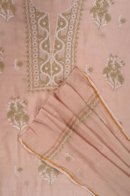 Srajann Hand Embroidered Beige Chanderi Lucknow Chikankari Unstitched Kurta With Dupatta