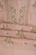 Srajann Hand Embroidered Beige Chanderi Lucknow Chikankari Unstitched Kurta With Dupatta(SLC1301) - Image 11