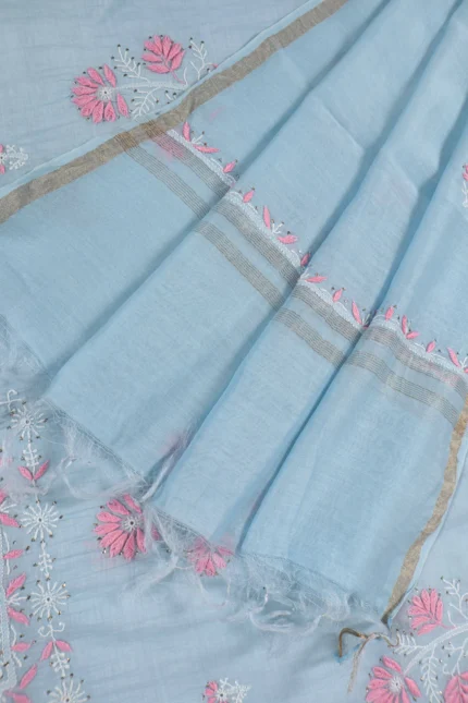 Srajann Hand Embroidered Green Chanderi Lucknow Chikankari Unstitched Kurta With Dupatta