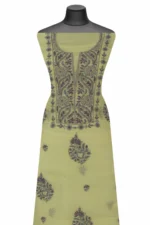 Srajann Hand Embroidered Green Chanderi Lucknow Chikankari Unstitched Kurta With Dupatta(SLC1304) - Image 3
