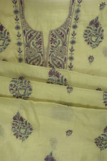 Srajann Hand Embroidered Green Chanderi Lucknow Chikankari Unstitched Kurta With Dupatta