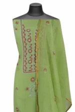 Srajann Hand Embroidered Green Chanderi Lucknow Chikankari Unstitched Kurta With Dupatta(SLC1305) - Image 4