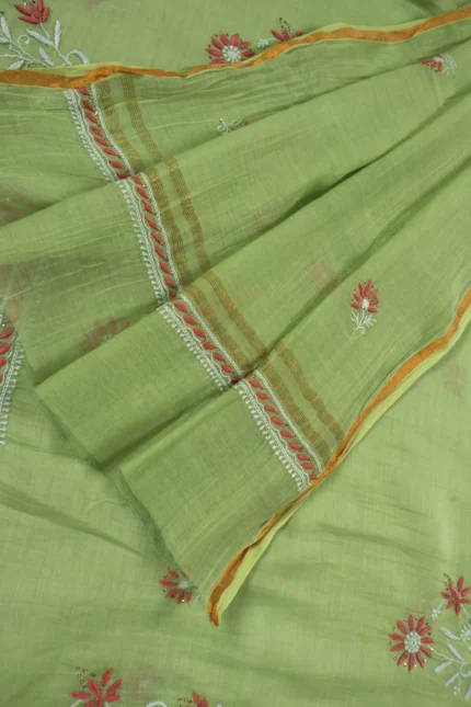 Srajann Hand Embroidered Green Chanderi Lucknow Chikankari Unstitched Kurta With Dupatta