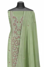 Srajann Hand Embroidered Green Chanderi Lucknow Chikankari Unstitched Kurta With Dupatta(SLC1306) - Image 4