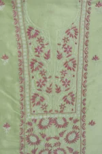 Srajann Hand Embroidered Green Chanderi Lucknow Chikankari Unstitched Kurta With Dupatta(SLC1306) - Image 6