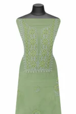 Srajann Hand Embroidered Green Chanderi Lucknow Chikankari Unstitched Kurta With Dupatta(SLC1307) - Image 3