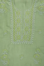 Srajann Hand Embroidered Green Chanderi Lucknow Chikankari Unstitched Kurta With Dupatta(SLC1307) - Image 6