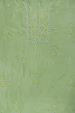 Srajann Hand Embroidered Green Chanderi Lucknow Chikankari Unstitched Kurta With Dupatta(SLC1307) - Image 7