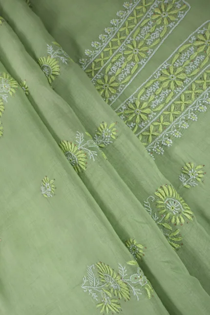 Srajann Hand Embroidered Green Chanderi Lucknow Chikankari Unstitched Kurta With Dupatta