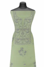 Srajann Hand Embroided Pista Green Mul Chanderi Lucknowi Chikankari Unstitched Kurta Dupatta Set (SLC1310) - Image 3