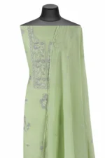 Srajann Hand Embroided Pista Green Mul Chanderi Lucknowi Chikankari Unstitched Kurta Dupatta Set (SLC1310) - Image 4