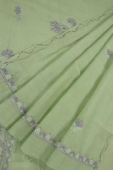 Srajann Hand Embroided Pista Green Mul Chanderi Lucknowi Chikankari Unstitched Kurta Dupatta Set