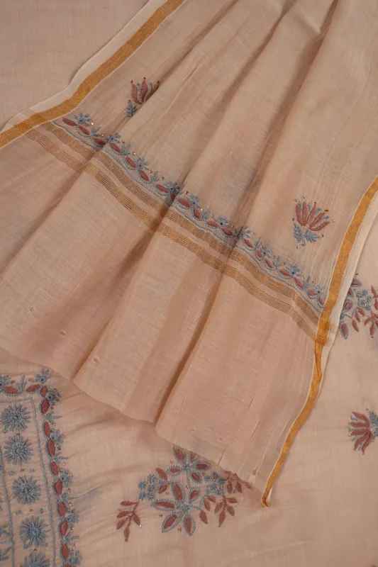 Srajann Hand Embroidered Beige Chanderi Lucknow Chikankari Unstitched Kurta With Dupatta