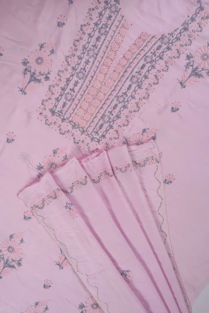 Srajann Hand Embroidered Pink Chanderi Lucknow Chikankari Unstitched Kurta With Dupatta
