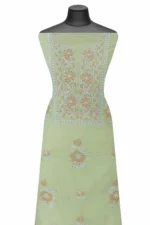 Srajann Hand Embroided Pista Green Mul Chanderi Lucknowi Chikankari Unstitched Kurta Dupatta Set (SLC1312) - Image 3