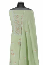 Srajann Hand Embroided Pista Green Mul Chanderi Lucknowi Chikankari Unstitched Kurta Dupatta Set (SLC1312) - Image 4