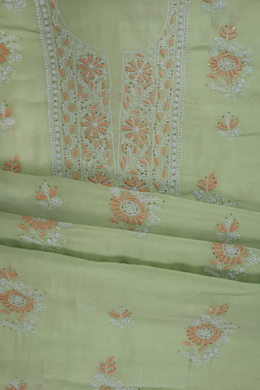 Srajann Hand Embroided Pista Green Mul Chanderi Lucknowi Chikankari Unstitched Kurta Dupatta Set