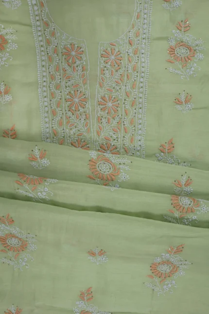 Srajann Hand Embroided Pista Green Mul Chanderi Lucknowi Chikankari Unstitched Kurta Dupatta Set