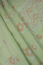 Srajann Hand Embroided Pista Green Mul Chanderi Lucknowi Chikankari Unstitched Kurta Dupatta Set (SLC1312) - Image 9