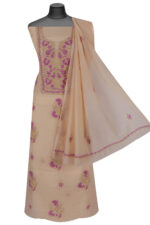 Srajann Hand Embroided Fawn Mul Chanderi Lucknowi Chikankari Unstitched Kurta Dupatta Set (SLC4213) - Image 2