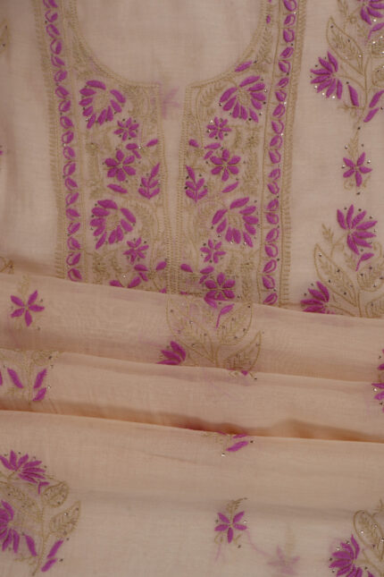 Srajann Hand Embroided Fawn Mul Chanderi Lucknowi Chikankari Unstitched Kurta Dupatta Set