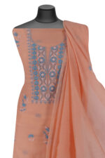 Srajann Hand Embroided Peach Mul Chanderi Lucknowi Chikankari Unstitched Kurta Dupatta Set (SLC1702) - Image 5