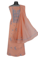 Srajann Hand Embroided Peach Mul Chanderi Lucknowi Chikankari Unstitched Kurta Dupatta Set (SLC1702) - Image 6