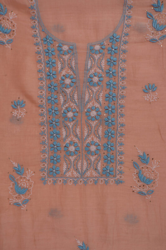 Srajann Hand Embroided Peach Mul Chanderi Lucknowi Chikankari Unstitched Kurta Dupatta Set