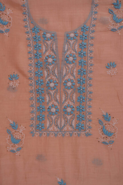 Srajann Hand Embroided Peach Mul Chanderi Lucknowi Chikankari Unstitched Kurta Dupatta Set