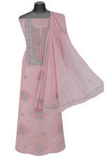 Srajann Hand Embroided Pink Mul Chanderi Lucknowi Chikankari Unstitched Kurta Dupatta Set (SLC1703) - Image 4