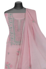 Srajann Hand Embroided Pink Mul Chanderi Lucknowi Chikankari Unstitched Kurta Dupatta Set (SLC1703) - Image 3