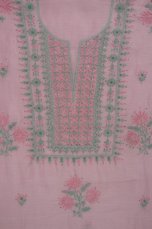 Srajann Hand Embroided Pink Mul Chanderi Lucknowi Chikankari Unstitched Kurta Dupatta Set