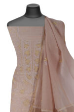 Srajann Hand Embroided Cream Mul Chanderi Lucknowi Chikankari Unstitched Kurta Dupatta Set (SLC1704) - Image 6