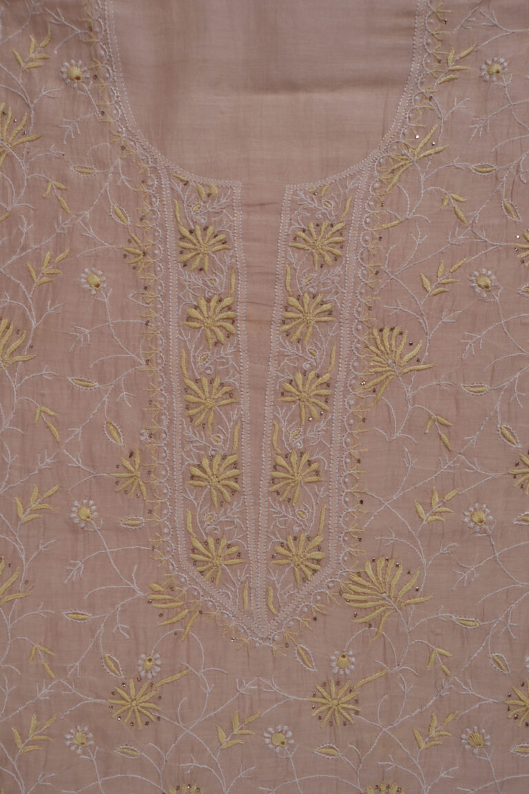 Srajann Hand Embroided Cream Mul Chanderi Lucknowi Chikankari Unstitched Kurta Dupatta Set
