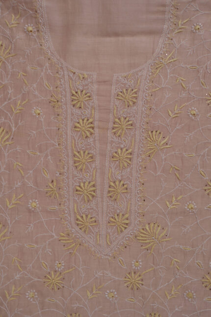 Srajann Hand Embroided Cream Mul Chanderi Lucknowi Chikankari Unstitched Kurta Dupatta Set