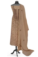 Srajann Hand Embroided Fawn Mul Chanderi Lucknowi Chikankari Unstitched Kurta Dupatta Set (SLC1705) - Image 2