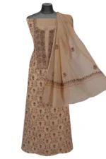 Srajann Hand Embroided Fawn Mul Chanderi Lucknowi Chikankari Unstitched Kurta Dupatta Set (SLC1705) - Image 3
